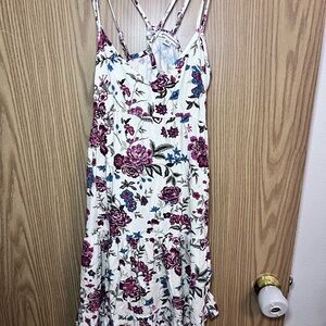 American Eagle Outfitters White Midi Dress with Pink & Blue Floral Print